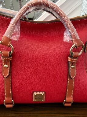 Large Dooney & Bourke Red Pebbled Leather Satchel with Tan Trim